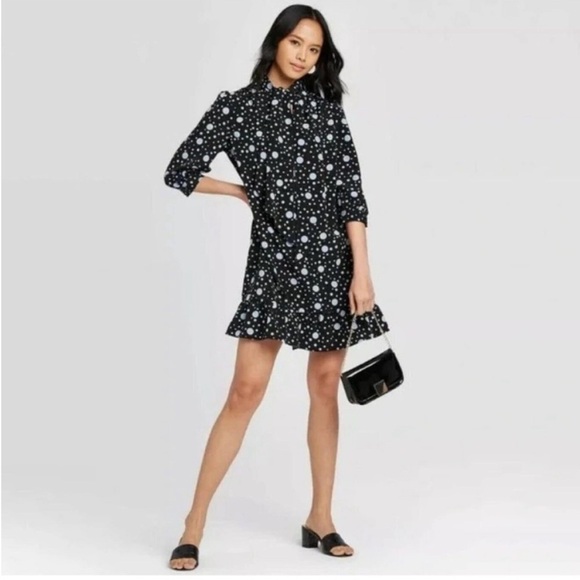 Who What Wear Black Dress with Blue Polka Dots Size Small - Picture 1 of 8